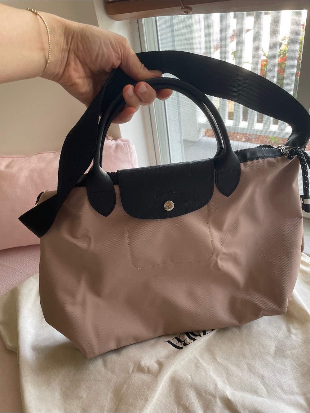 Longchamp Nylon Tote in Blush Pink with Dark Brown Trim
